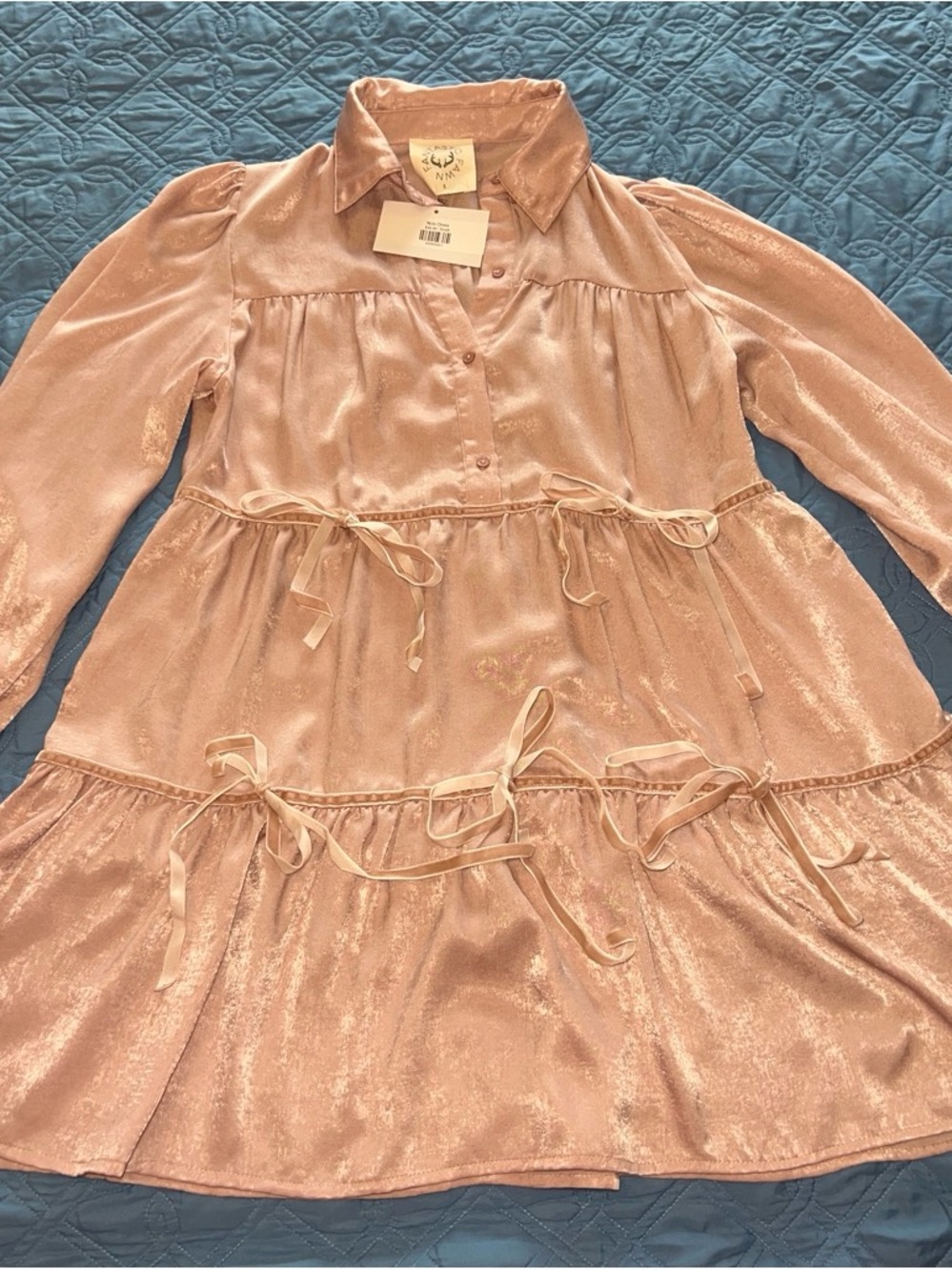 Blush Pink Shimmer Tiered Tie-Detail Dress